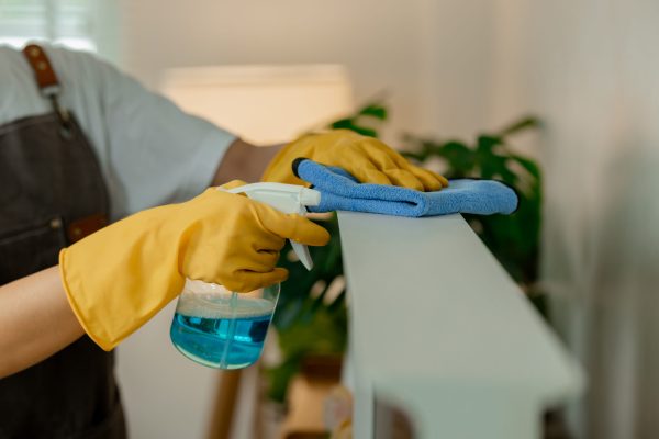 the young lady is doing housework, a wife is cleaning the house of her family, wearing gloves to protect her hands from cleaning spray, put apron and use towel to tidy up off dust